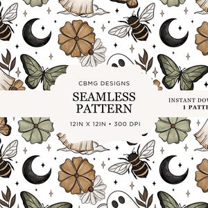 May include: A seamless pattern featuring illustrations of bees, ghosts, crescent moons, butterflies, and flowers on a white background. The text reads CBMG DESIGNS SEAMLESS PATTERN INSTANT DOWNLOAD 1 PATTERN 30.48CM X 30.48CM 300 DPI. The design uses earthy tones.