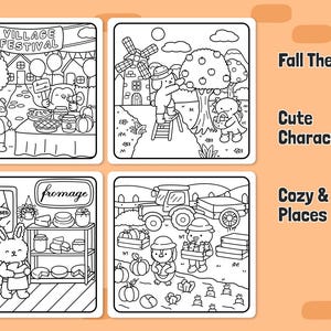 May include: Four black and white illustrations with a fall theme. The first image shows a village festival with characters selling food and goods. The second image shows a character picking apples from a tree. The third image shows a character selling cheese in a shop. The fourth image shows characters harvesting pumpkins.