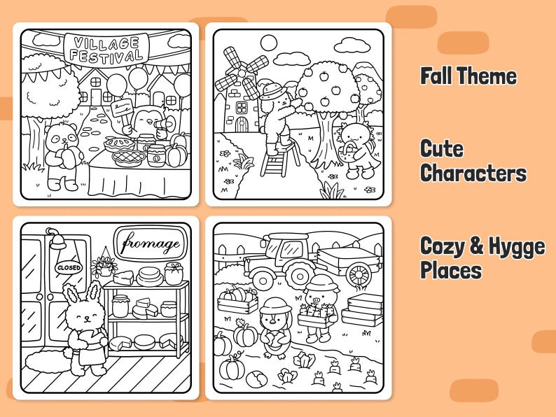 May include: Four black and white illustrations with a fall theme. The first image shows a village festival with characters selling food and goods. The second image shows a character picking apples from a tree. The third image shows a character selling cheese in a shop. The fourth image shows characters harvesting pumpkins.