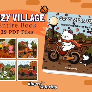 Puede incluir: Una portada de libro para colorear con un perro blanco montando una bicicleta y un perro negro corriendo detrás. La portada se titula "Cozy Village: Bold & Easy Coloring Book".