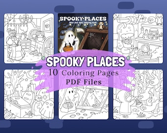 May include: A set of 10 coloring pages featuring spooky places and ghosts. The pages are titled "Spooky Places: Bold and Easy Coloring Book".