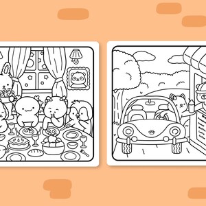 May include: Black and white coloring page featuring two scenes. The first scene shows a group of animals sitting at a table with food. The second scene shows an animal driving a car to a coffee shop.