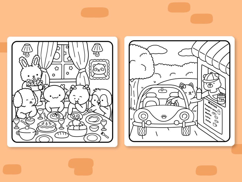 May include: Black and white coloring page featuring two scenes. The first scene shows a group of animals sitting at a table with food. The second scene shows an animal driving a car to a coffee shop.