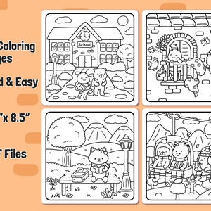 May include: A set of 10 coloring pages featuring cute animal illustrations. The pages are 8.5 inches by 8.5 inches and are perfect for kids to color. The illustrations include a schoolhouse, a mountain scene, and a cable car.
