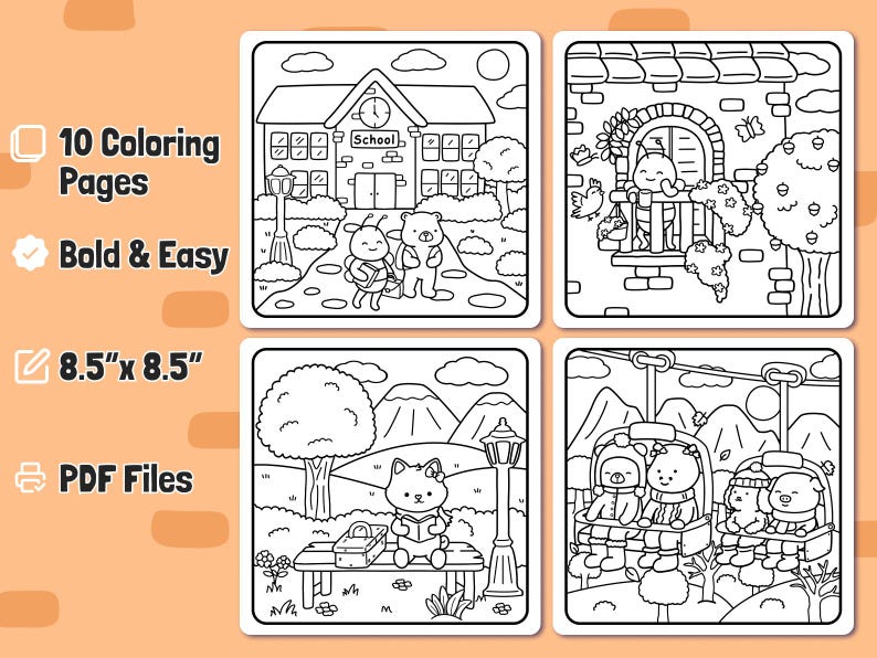 May include: A set of 10 coloring pages featuring cute animal illustrations. The pages are 8.5 inches by 8.5 inches and are perfect for kids to color. The illustrations include a schoolhouse, a mountain scene, and a cable car.
