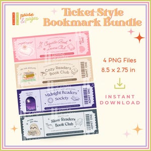 Pode incluir: Um conjunto de quatro marcadores de livros em estilo bilhete com vários designs e textos, incluindo "Cozy Readers Book Club" e "Midnight Readers Society". Os marcadores de livros medem 21,6 x 7 cm e estão disponíveis para download instantâneo.