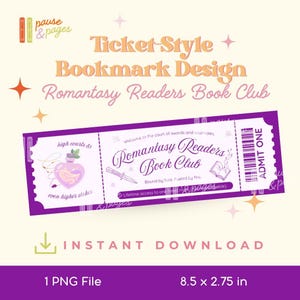 Könnte beinhalten: Ein lila Lesezeichen im Ticket-Stil für den Romantasy Readers Book Club. Das Lesezeichen zeigt Text und Illustrationen, darunter eine Zaubertrankflasche und ein Messer. Das Lesezeichen misst 21,59 x 6,99 cm.
