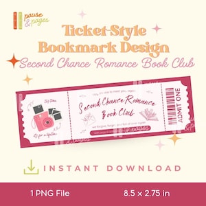 Puede incluir: Un diseño de marcapáginas estilo ticket en rosa y blanco para el "Second Chance Romance Book Club". El diseño incluye una cámara y la frase "it's for a lifetime". Mide aproximadamente 21,6 x 7 cm.