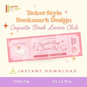Coquette Book Lovers Club Bookmark | Printable Pink Ticket-Style PNG | Digital Download