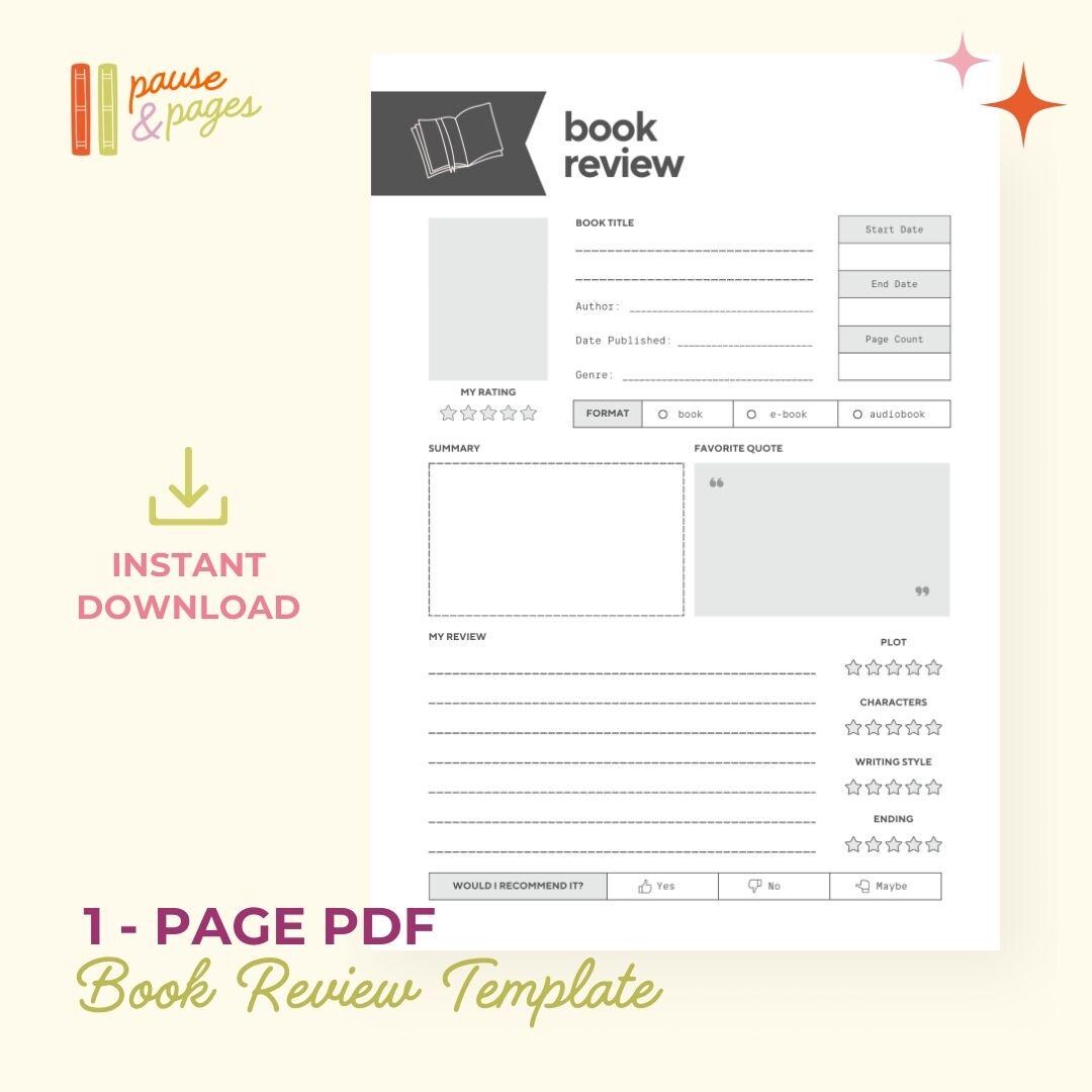 Minimalist Book Review Template | Reading Journal (PDF A4, A5, Letter ...