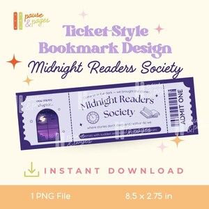 May include: A dark purple ticket-style bookmark design with the text "Midnight Readers Society." The bookmark features a window scene and the words "one more chapter." It measures 21.6 x 7 cm.