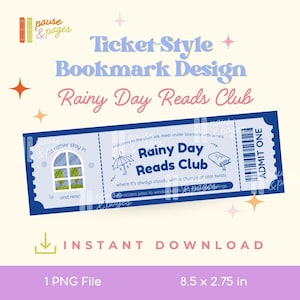 Op de afbeelding: Een blauw boekenleggerontwerp in ticketstijl voor de Rainy Day Reads Club. De boekenlegger heeft een vensterillustratie, een paraplu en een pictogram van een boek. Tekst bevat "Rainy Day Reads Club" en "Direct downloaden". De boekenlegger meet 21,6 x 7 cm.