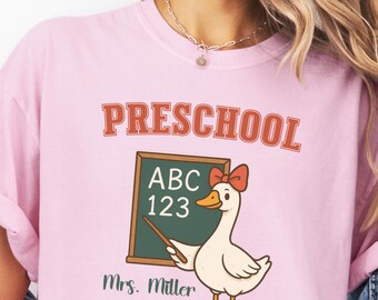 Personalized Preschool Teacher Shirt: Retro Goose, Coquette Bow - Comfort Colors Tee