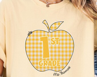Personalized First Grade Teacher Comfort Colors Shirt: Yellow Gingham Apple