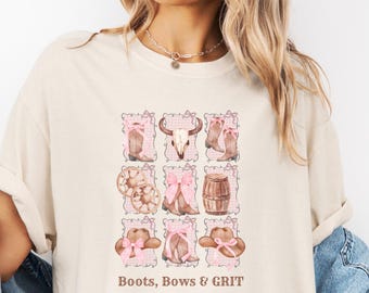 Boots Bows Grit Comfort Colors T-shirt: roze cowgirl-shirt met gingham-ruit