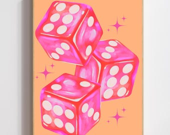 Retro Dice Print, Pink Orange Lucky Wall Art (Digital Download)