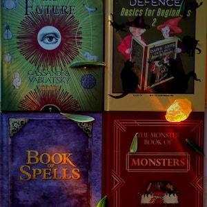 Può includere: Quattro libri rilegati con temi fantasy e magici. I libri sono intitolati "Unfogging the Future", "Dark Arts Defence Basics for Beginners 2", "Book of Spells", e "The Monster Book of Monsters".