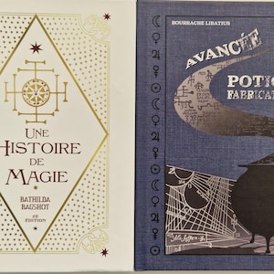 Può includere: Due libri a tema magico. Il libro a sinistra ha una copertina bianca con dettagli dorati e il titolo "Une Histoire de Magie". Il libro a destra ha una copertina blu con il titolo "Avancée Potion Fabrication" e un disegno di un calderone.