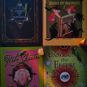 May include: Four colourful paperback books with fantasy and magical themes. The books are titled "A Beginner's Guide to Transfiguration", "Dark Arts Defence Basics for Beginners 1", "Unfogging the Future", and "The Lies & Albus Dumbledore".