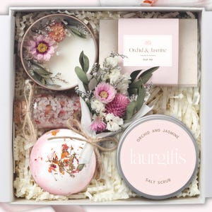 Spa Gift Box - Flower Scented Candle, Soap Bar, Bath Bomb, Scrub - Self-Care Kit for Unique Birthday Present, Orchid & Jasmine by LaurGifts
