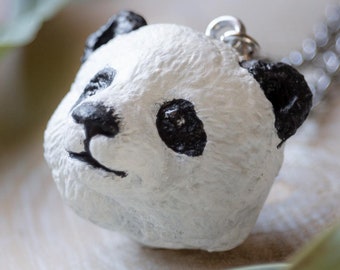Small wild animal pendant for animal lovers, Black and white panda bear charm necklace, Unisex bear gift jewelry, Wildlife clay jewelry