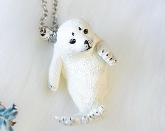 Sea animal clay necklace, Lovely white baby seal pendant, Arctic animal seal pup jewelry, Special whale and seal jewelry gift for women