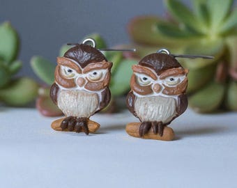 Owl dangle earrings small, Woodland animals jewelry, Cute autumn earrings, Nature inspired gift, Handmade polymer clay earrings
