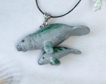 Manatee and calf pendant, Sea cow necklace, Animal beach jewelry, Sea creature ocean gift jewelry, Clay animal baby jewelry