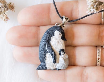 Penguin Pendant Necklace, Mother and Baby Penguin Pendant, Handmade Jewelry, Valentine Gift for Her, Winter Love Necklace