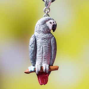 African grey parrot pendant, Handmade animal clay necklace, Pet bird jewelry, Gift for parrot lover