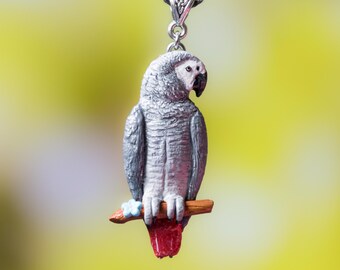 African grey parrot pendant, Handmade animal clay necklace, Pet bird jewelry, Gift for parrot lover