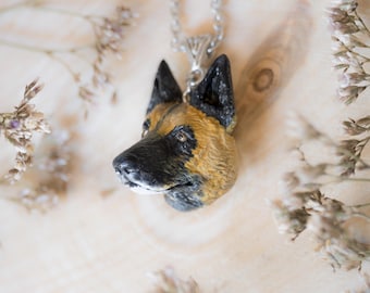 Dog head polymer clay pendant, Belgian shepherd dog necklace, Boho pet jewelry lover gift, Realistic dog jewelry charm for her