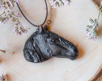 Horse sculpture necklace, Natural animal clay necklace, Friesian horse Pendant, Horse world jewelry, Black horse pendant gift for him
