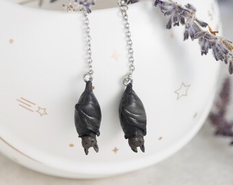Bat Earrings, Handmade Polymer Clay Halloween Jewelry, Spooky Gothic Dangle Earrings