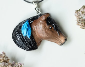 Boho horse necklace with feathers, Handmade clay horse pendant, Unique equestrian jewelry, Personalized horse lover pendant gift