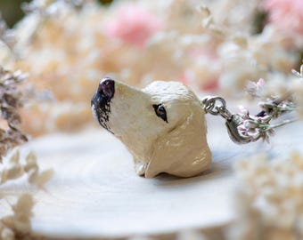 Golden dog pendant with closed mouth, Personalized pet keepsake jewelry, Handmade clay labrador charm, Gift for dog owner