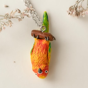Unique realistic parrot necklace, Cute clay bird pendant for animal lover woman, Sun conure jewelry, Pet jewelry accessory for animal lovers