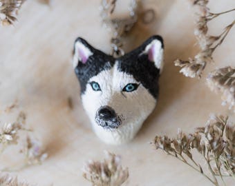 Husky dog head pendant, Customizable polymer clay dog necklace, Realistic husky jewelry gift, Handmade pet lover charm