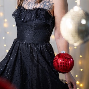 vintage 80s polka dot shimmery strapless party dress