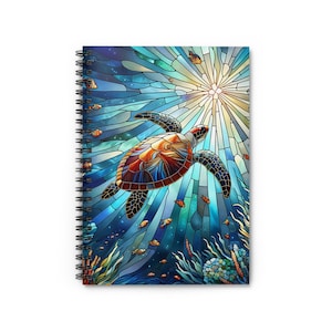 May include: A stained glass style illustration of a sea turtle swimming upwards towards a bright light. The turtle is surrounded by colorful fish and coral. The background is a blue and green ocean.