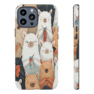 May include: A phone case with a pattern of white and brown llamas knitting with colorful yarn. The llamas are all smiling and have different expressions. The case is black and has a cutout for the camera.