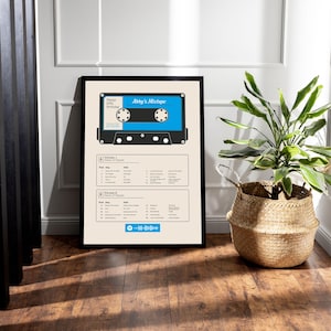 May include: A black framed print of a blue cassette tape with the text "Abby's Mixtape" and a list of songs on the back. The print is on a white background and is sitting on a wooden floor.