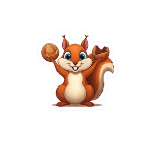 Pode incluir: Um esquilo de desenho animado com uma cauda espessa segura uma noz inteira em uma pata e uma noz rachada na outra.