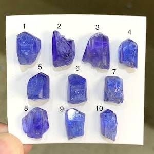 以下が含まれることがあります： 10個のタンザナイト原石のコレクション。それぞれがユニークな形をしており、青と紫の色合いが異なります。クリスタルは白い表面に配置され、自然で未研磨の形を示しています。画像は宝石の自然な美しさを強調しています。