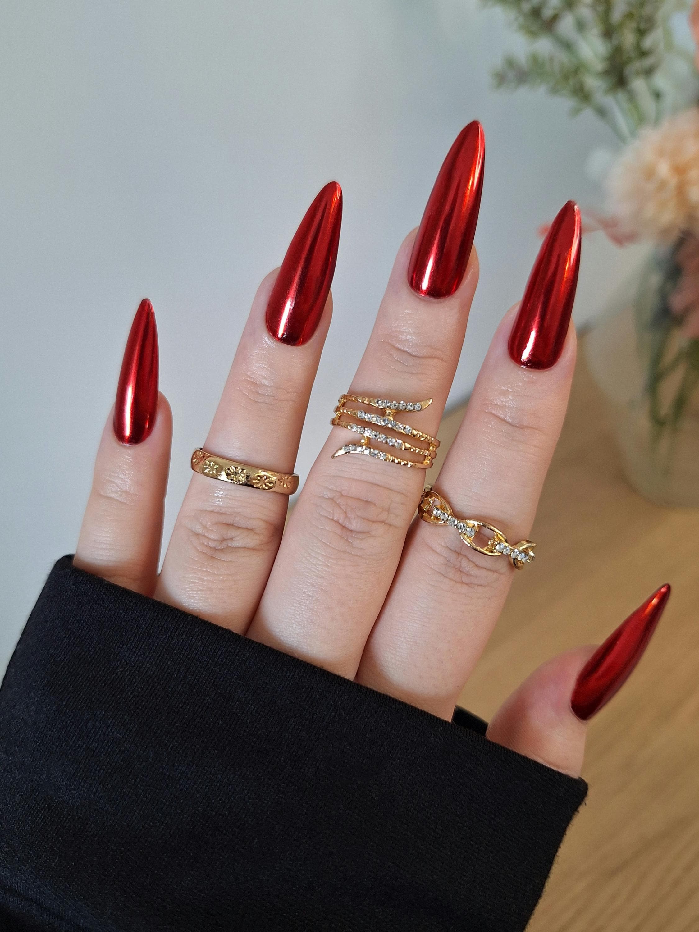 Handmade Chrome Red Gel Press on Nails - Custom Length and Shapes