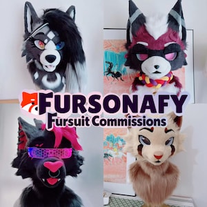 Puede incluir: Se muestran cuatro cabezas de fursuit coloridas, que muestran varios diseños. Las cabezas presentan diferentes colores de pelaje, diseños de ojos y accesorios. La imagen incluye el texto "FURSONAFY Fursuit Commissions" en un logotipo.