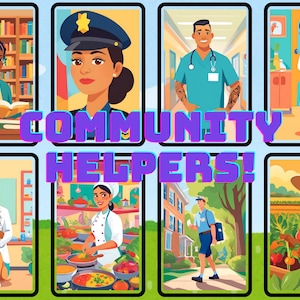 Op de afbeelding: Illustratie van hulpverleners in de gemeenschap, waaronder een bibliothecaris, een politieagent, een verpleegkundige, een arts, een kok, een postbode en een boer. De illustratie is kleurrijk en toont een verscheidenheid aan mensen en objecten.