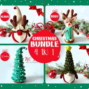 Può includere: Un pacchetto natalizio con quattro figure all'uncinetto: uno gnomo di nome Klaus, una renna di nome Rudy, un albero di Natale di nome Winky e uno gnomo albero di Natale. Le figure sono su uno sfondo verde festivo con accenti rossi.