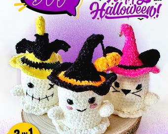 May include: Three handmade crochet ghost figures wearing witch hats in black, yellow, and pink. The ghosts have smiling faces and are displayed on a wooden slice. The image includes the text "BOO" and "Happy Halloween!"