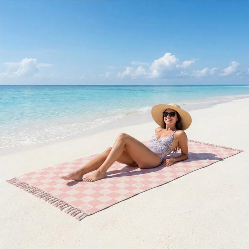 Minnie Mouse roze geruit strandlaken | Disney Turks geïnspireerde handdoek met franje I Disney Cruise-handdoek I Disney Castaway-handdoek I DCL-handdoek afbeelding 2